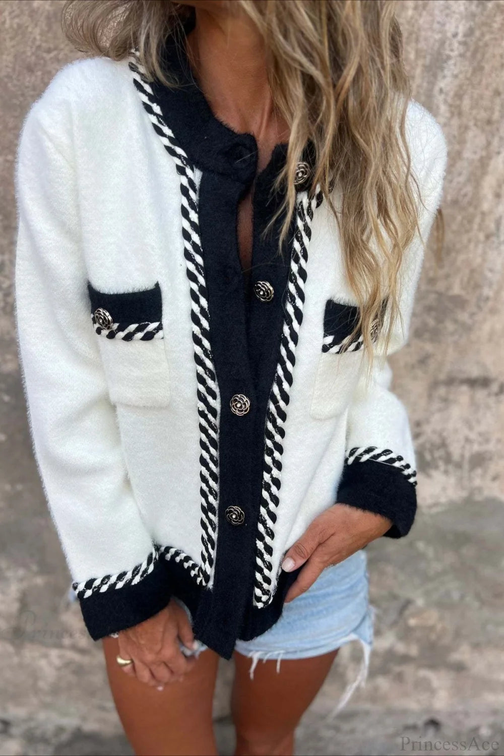 Elegant Chic Color Block Button Pocket Wool Coat