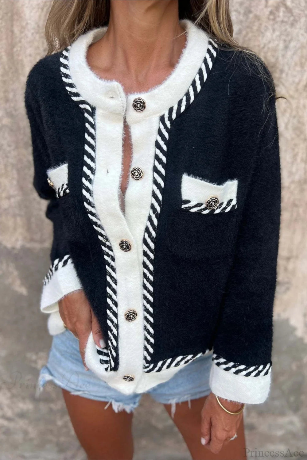 Elegant Chic Color Block Button Pocket Wool Coat Black / S