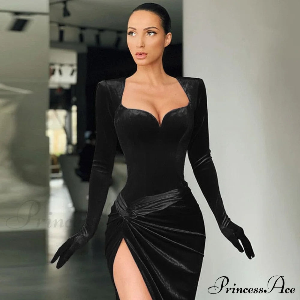 Elegant Evening Gloves Sleeve Velvet Slit Maxi Dress Black / M