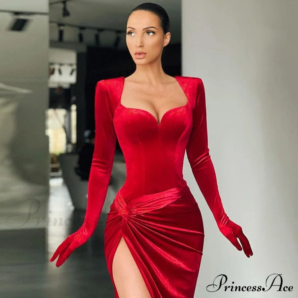 Elegant Evening Gloves Sleeve Velvet Slit Maxi Dress Red / L