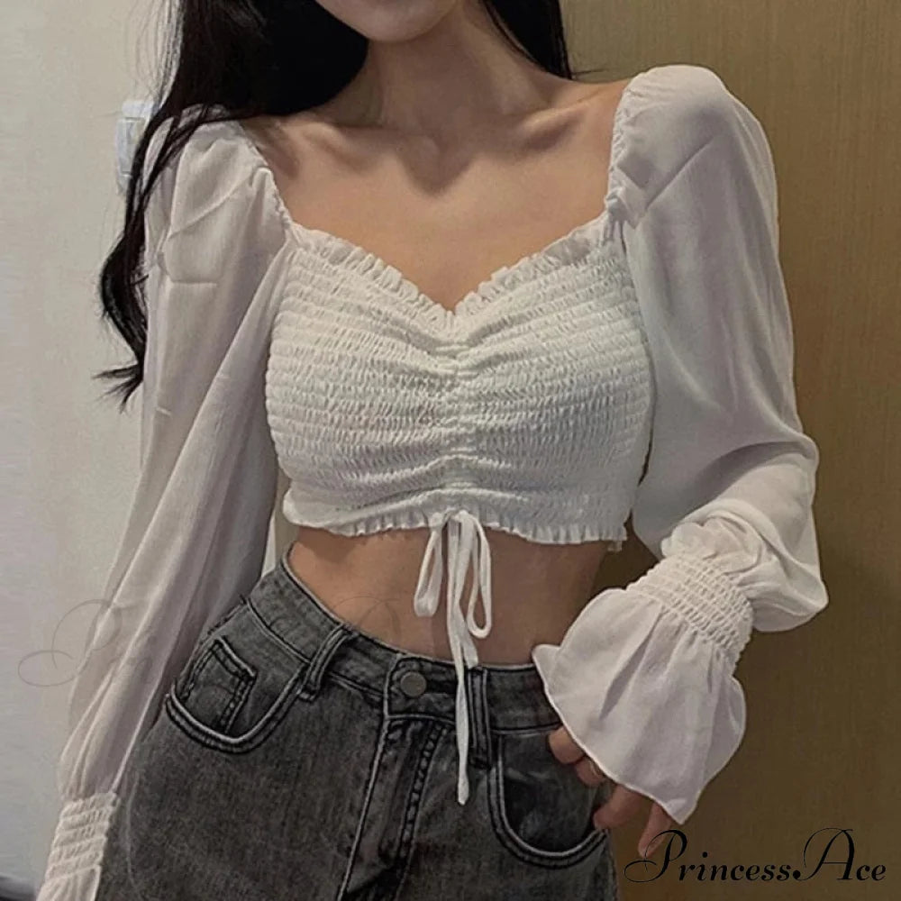 Elegant Fashion Puff Arm Chiffon Crop Women’s - Blouse Top