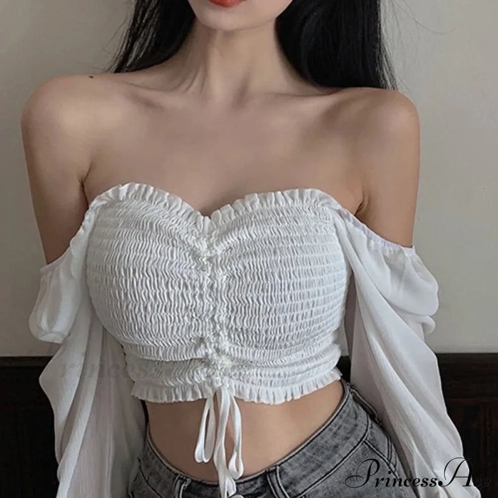 Elegant Fashion Puff Arm Chiffon Crop Women’s - Blouse Top White / One Size