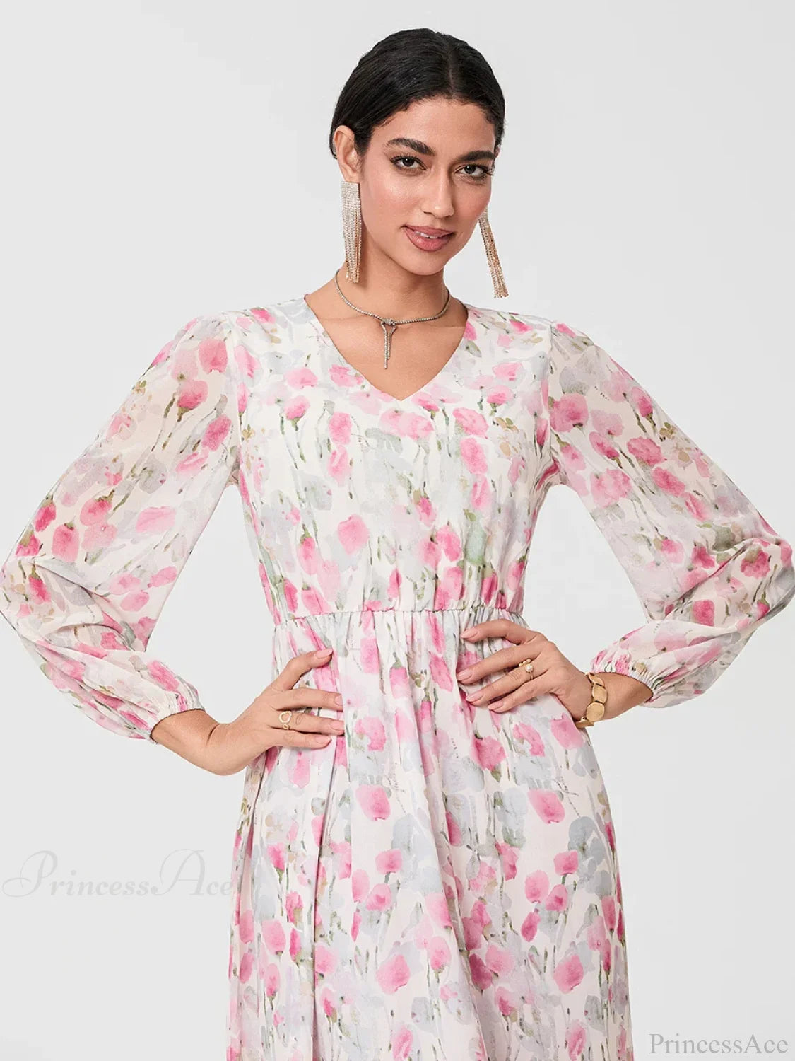 Elegant Floral Flowing Long Sleeve A-Line Floral Dress floraldress-250126