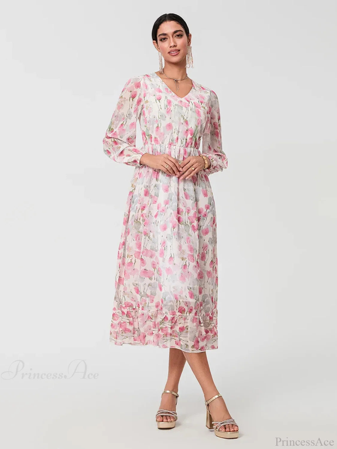 Elegant Floral Flowing Long Sleeve A-Line Floral Dress floraldress-250126