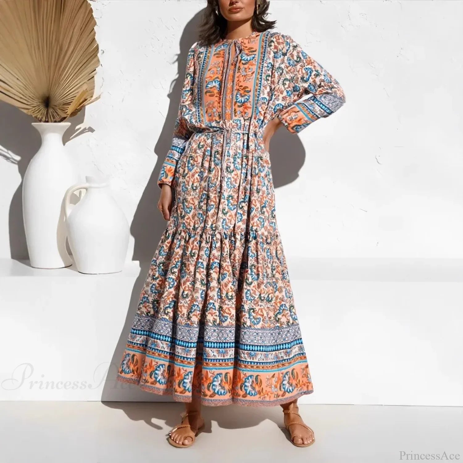 Elegant Floral Lace-up Tassel Rayon Maxi Boho Sundress kahaki / S bohodress-250126