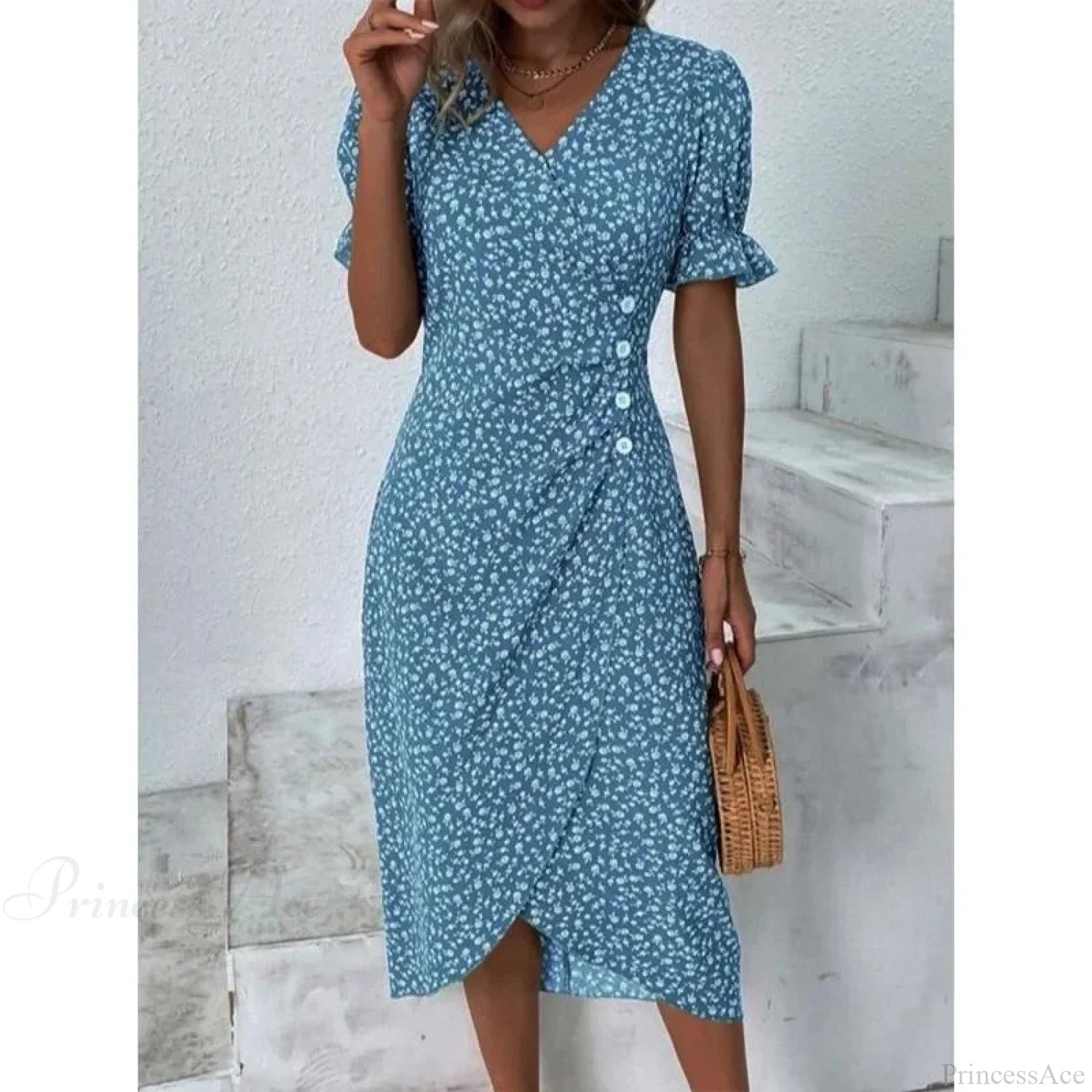 Elegant Floral Midi Puff Sleeve Ruched Waist Floral Dress Blue / S oldfloraldress-250126