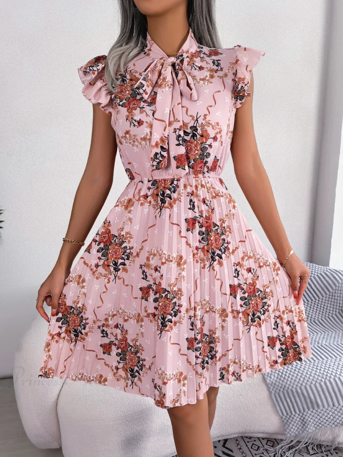 Elegant Floral Print Bow Pleated Slim Waist Floral Dress oldfloraldress-250126