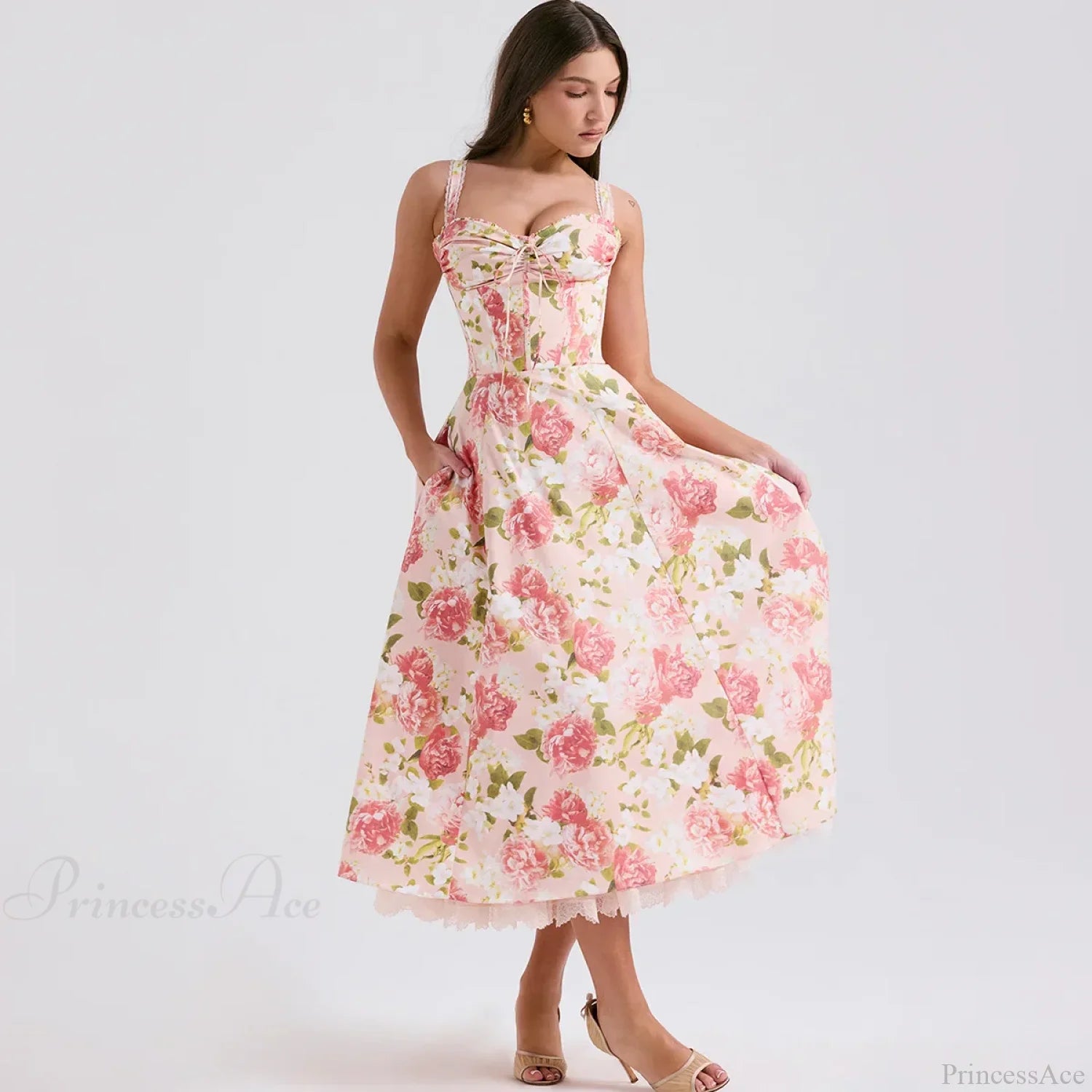 Elegant Floral Print Summer Midi Dress Peony / XS