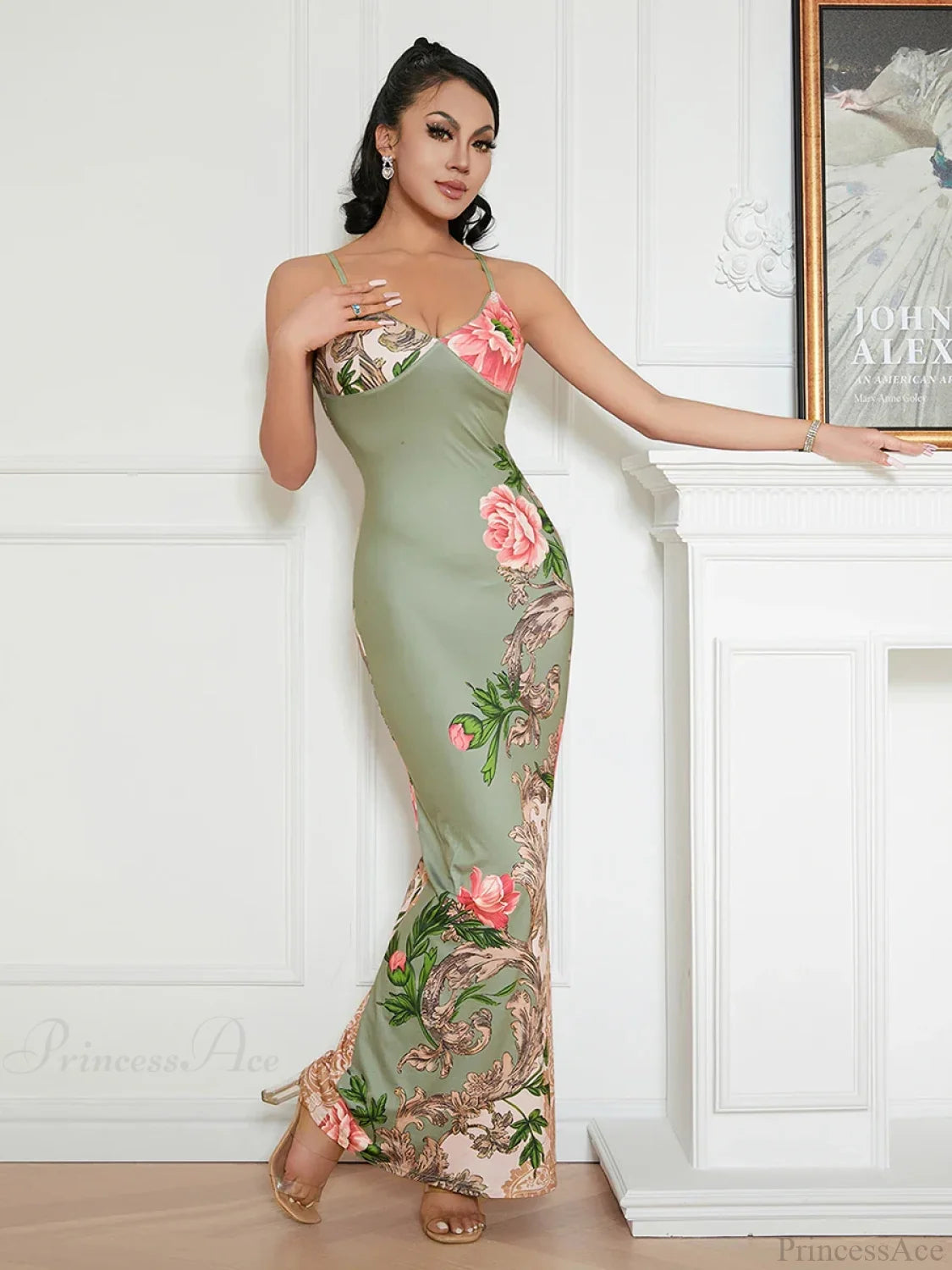 Elegant Floral Spaghetti Strap Backless Floral Dress Green / S floraldress-250126