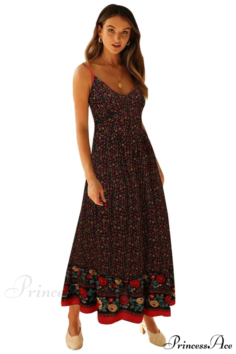 Elegant Floral V-Neck Sleeveless Boho Dress Black / S
