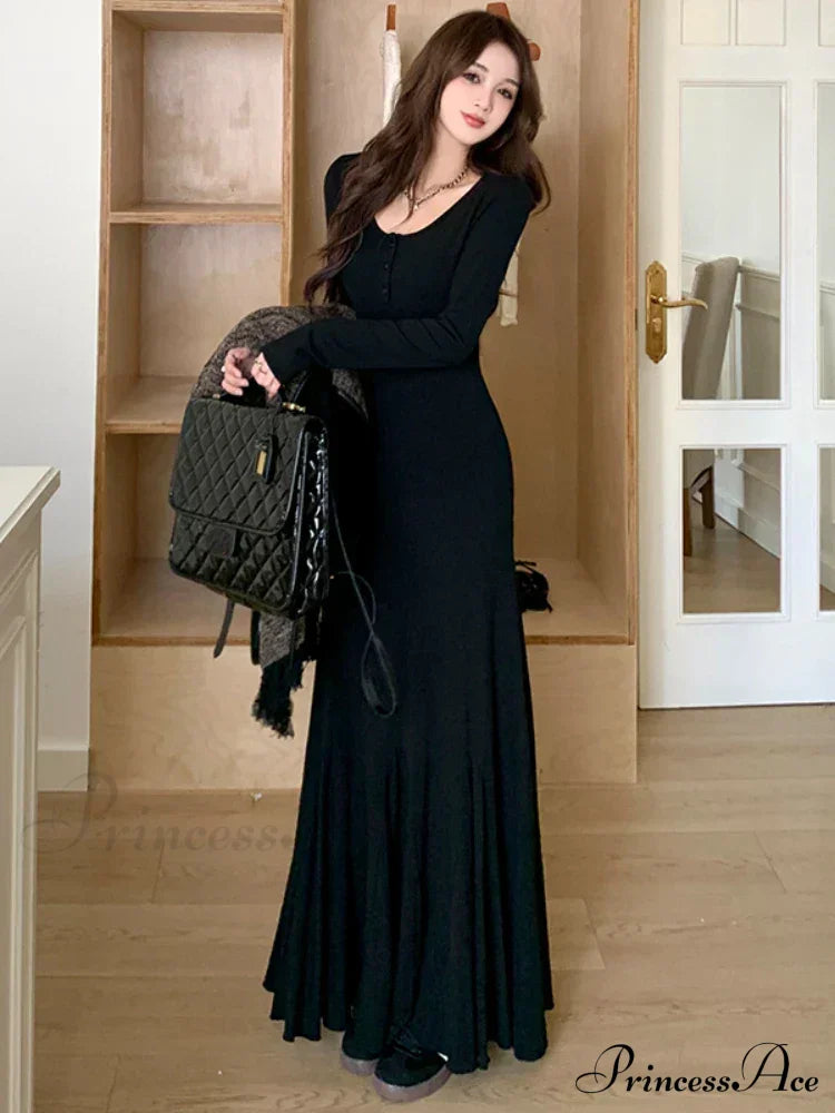 Elegant Formal Solid Slit Asymmetrical Classic Oblique Collar Evening Dress Dresses Black Midi / S