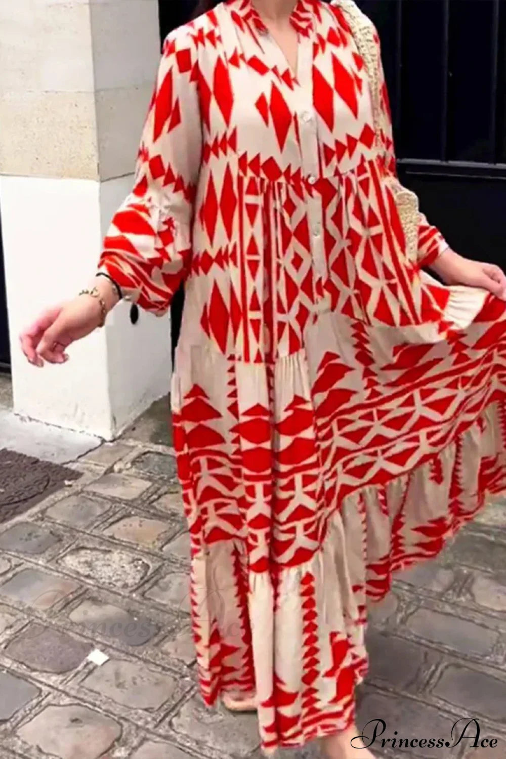 Elegant Geometric V-Neck Autumn Boho Dress Red / S