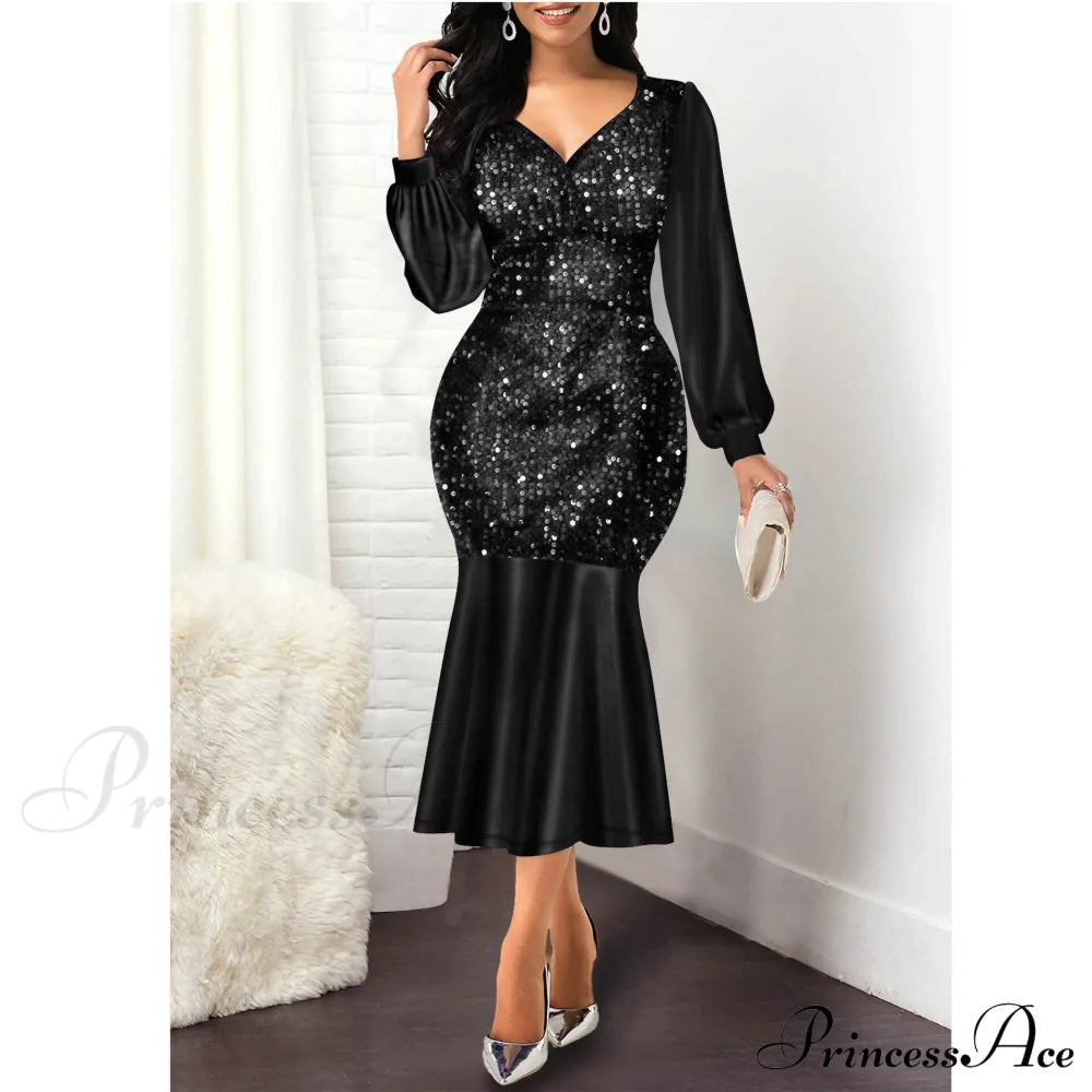 Elegant Gown Mermaid Women Waist Size High Warm-Season Bodycon Evening For Sequine Wedding Party V