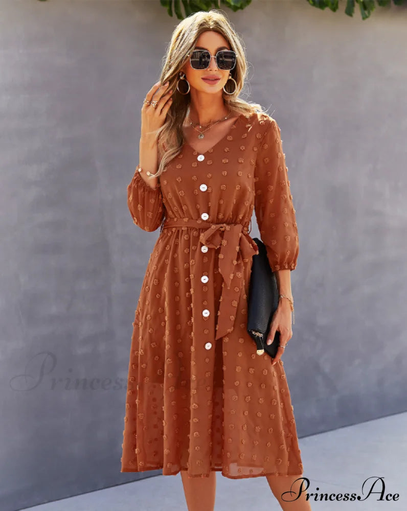 Elegant Half Sleeve Women’s Casual V-Neck Midi Dress With Buttons L / Blue Dresses