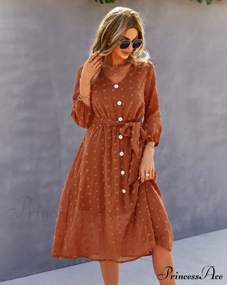 Elegant Half Sleeve Women’s Casual V-Neck Midi Dress With Buttons L / Coffee Dresses