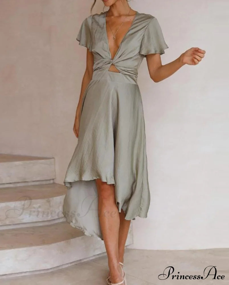 Elegant Hollow Out Office Ladies Dress With Deep V-Neck M / Green Dresses