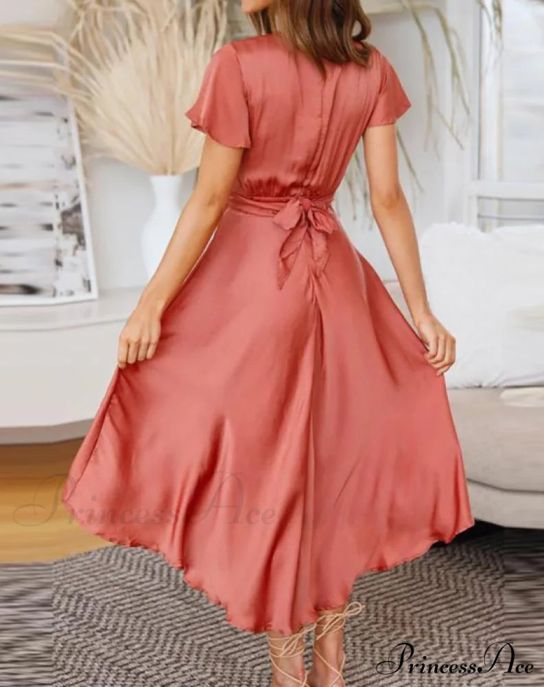 Elegant Hollow Out Office Ladies Dress With Deep V-Neck M / Orange Dresses