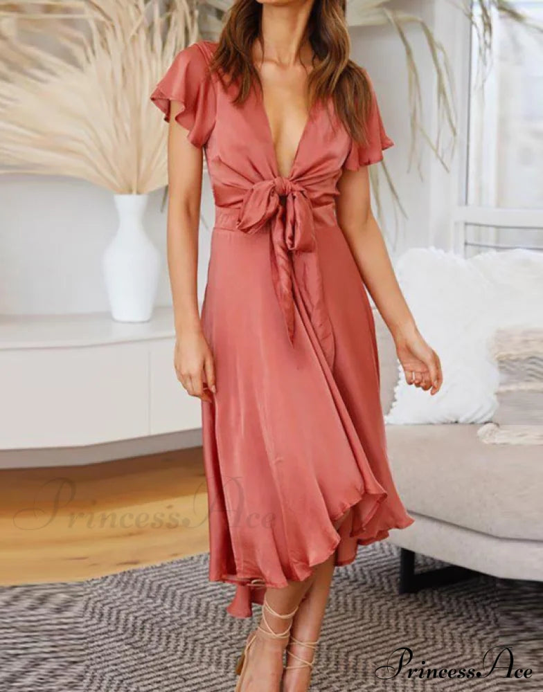 Elegant Hollow Out Office Ladies Dress With Deep V-Neck S / Orange Dresses