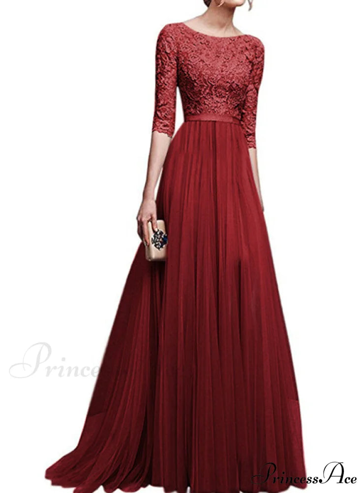 Elegant Lace Maxi Party Dress S / Red Dresses-L