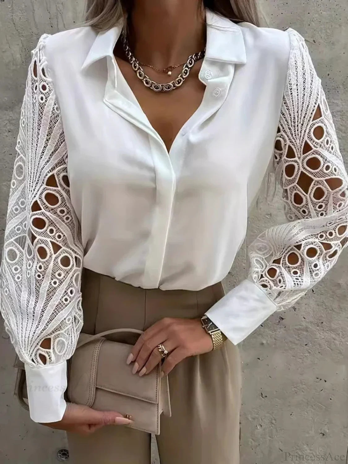 Elegant Lace Patchwork White Blouse blouse-250126