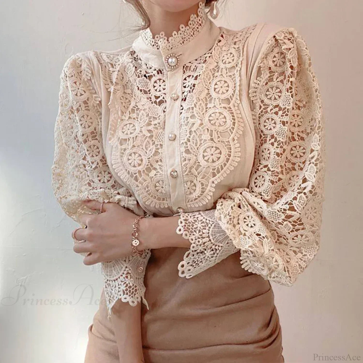 Elegant Lace Patchwork White Blouse Apricot / S blouse-250126