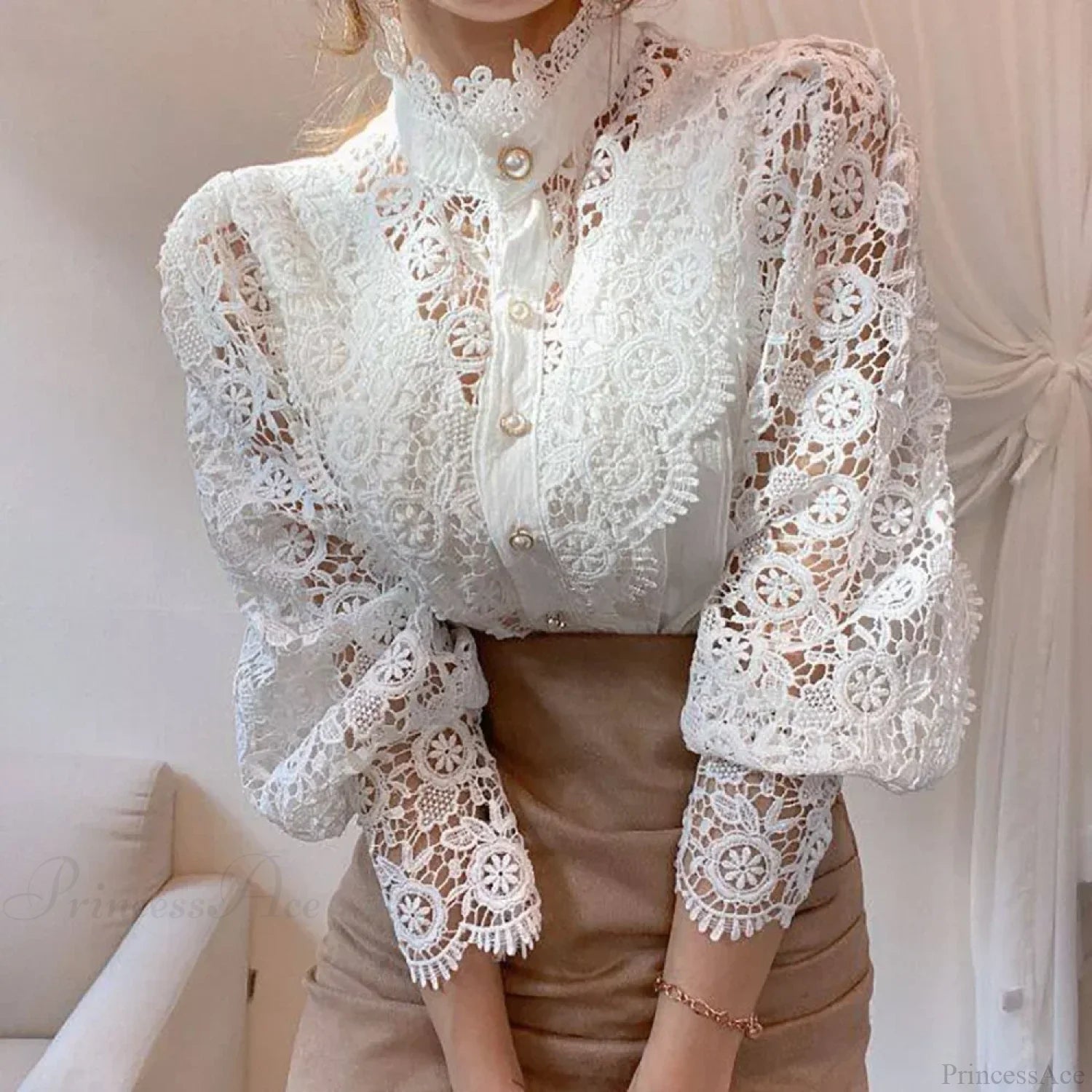 Elegant Lace Patchwork White Blouse White3 / S blouse-250126