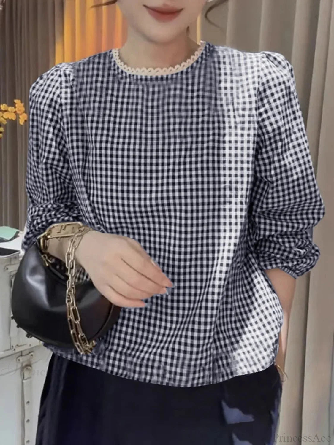Elegant Lace Trim O Neck Checked Puff Sleeve Smock Blouse Dark Blue / S blouse-250126