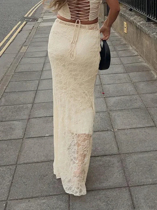 Elegant Lace Trumpet Skirt Holiday See Through Maxi Skirt skirt-250126