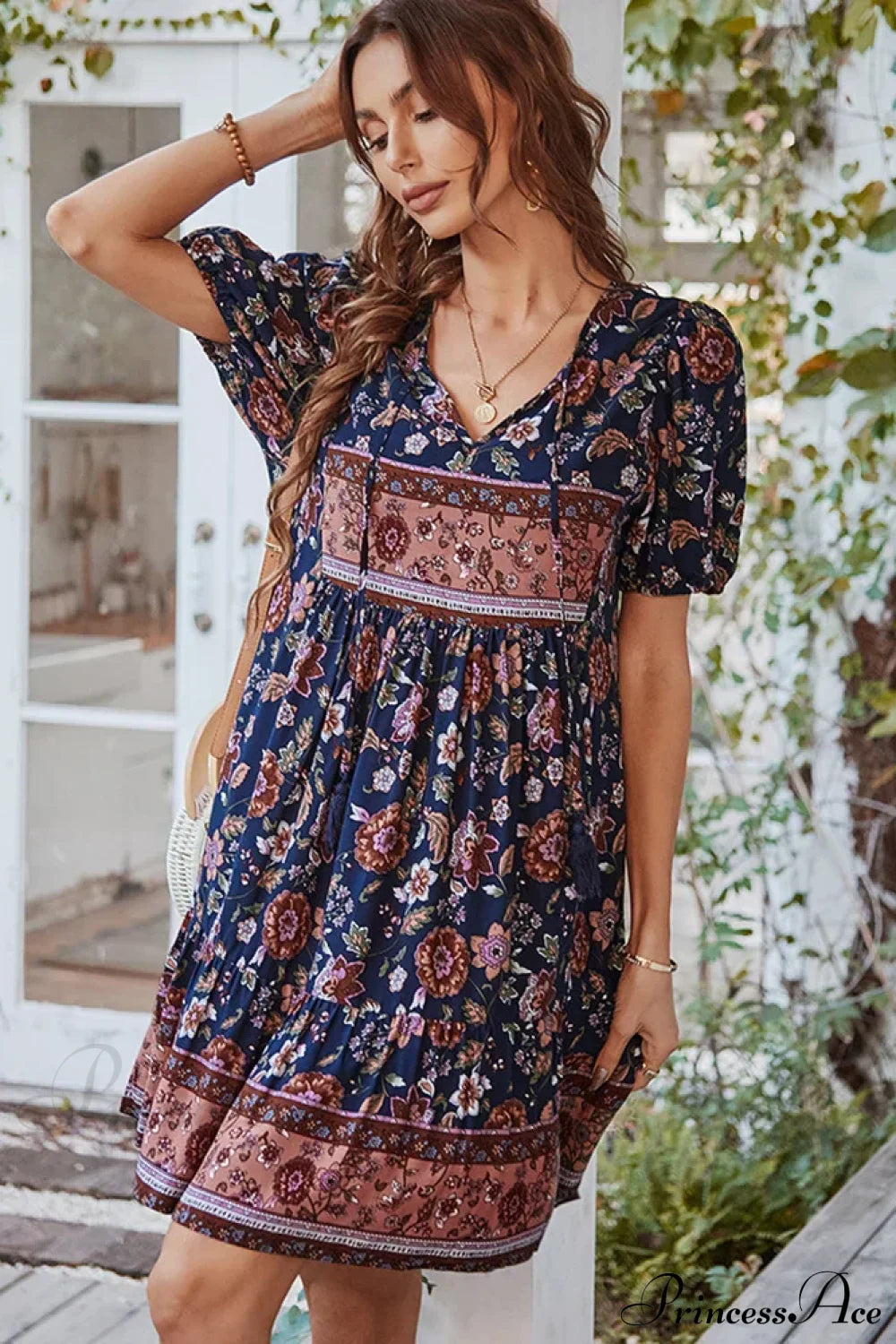 Elegant Lace-Up Green Sundress Women Boho Dress Navy Blue / S