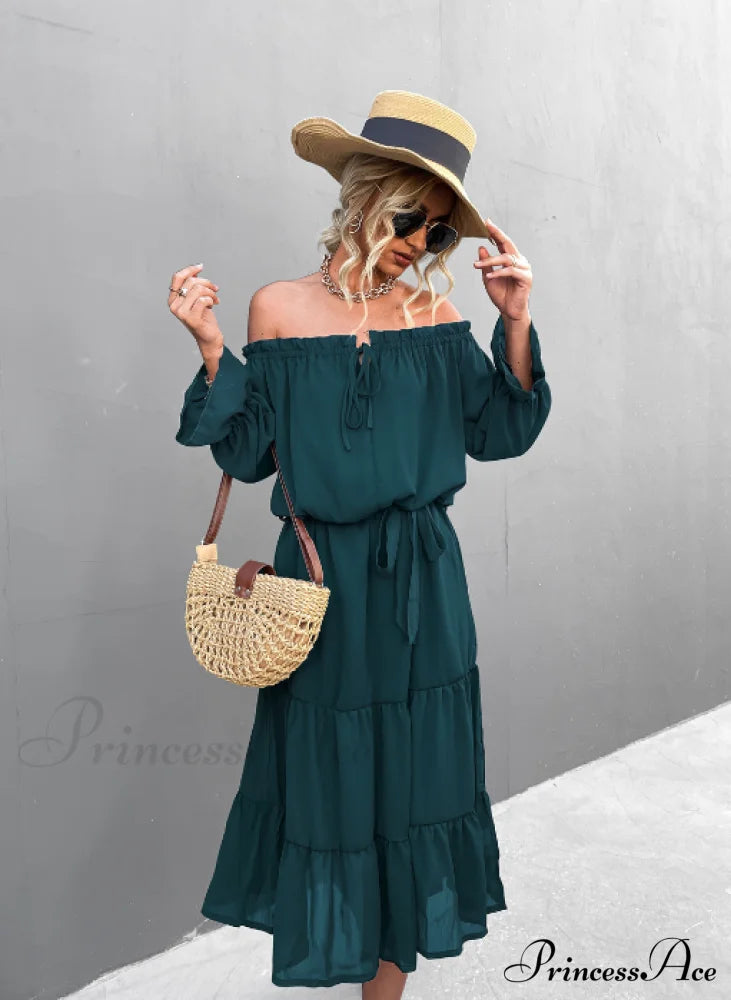 Elegant Lace-Up One-Shoulder Long Dress L / Wine Red