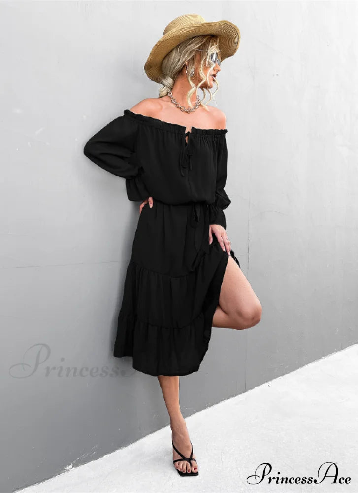 Elegant Lace-Up One-Shoulder Long Dress M / Wine Red