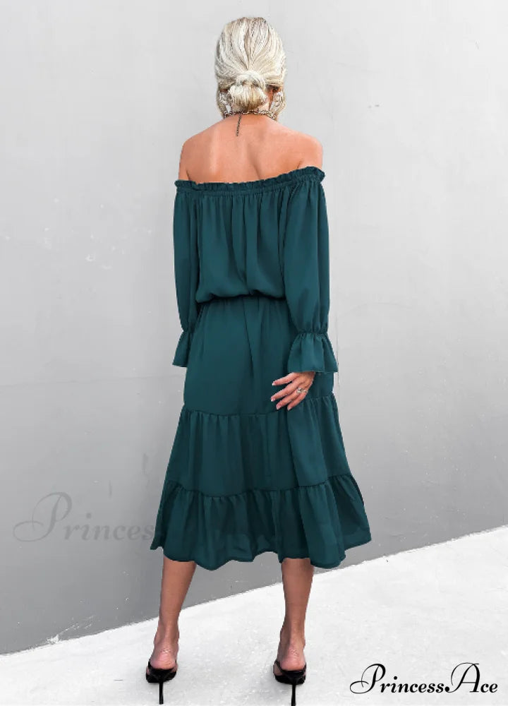 Elegant Lace-Up One-Shoulder Long Dress Xl / Dark Green