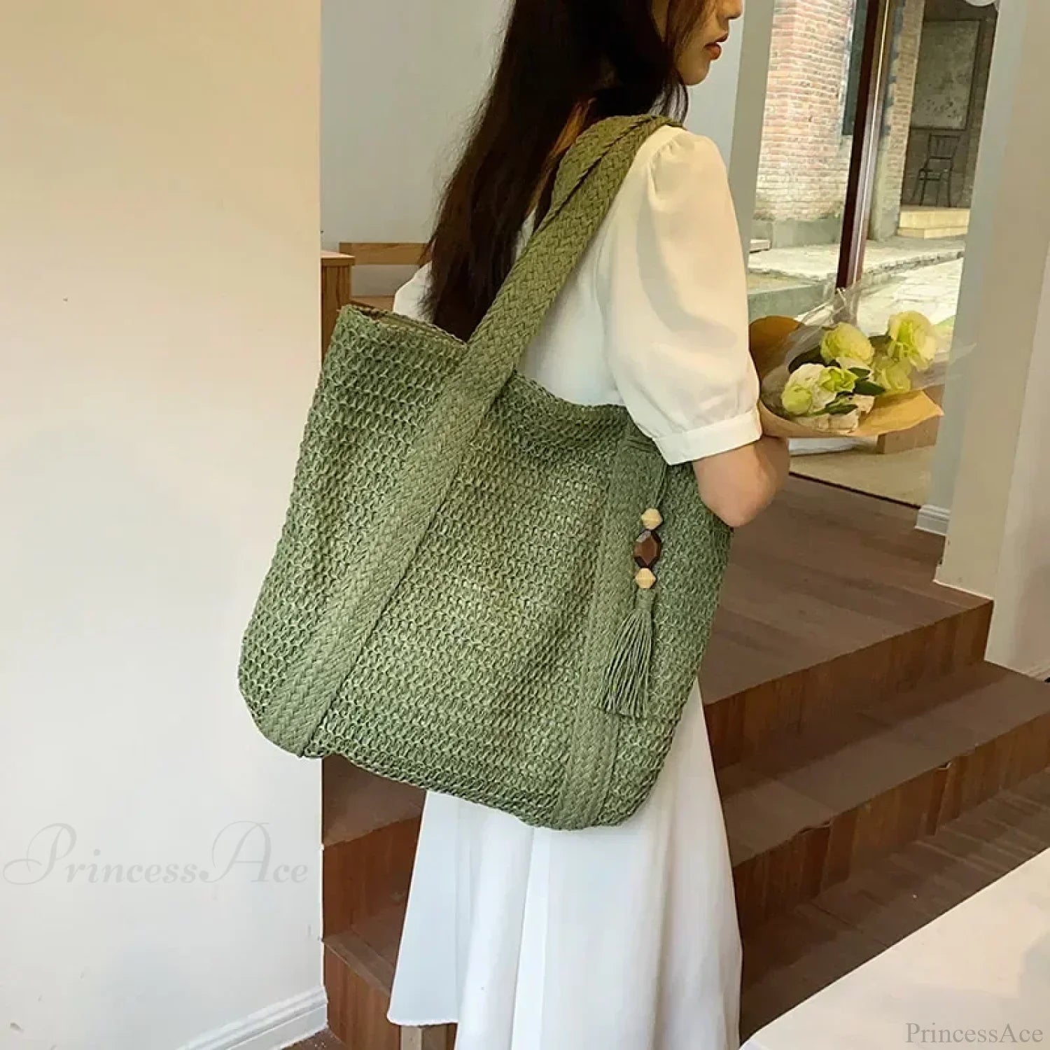 Elegant Ladies Straw Woven Shoulder Bag Green shoulder-250126