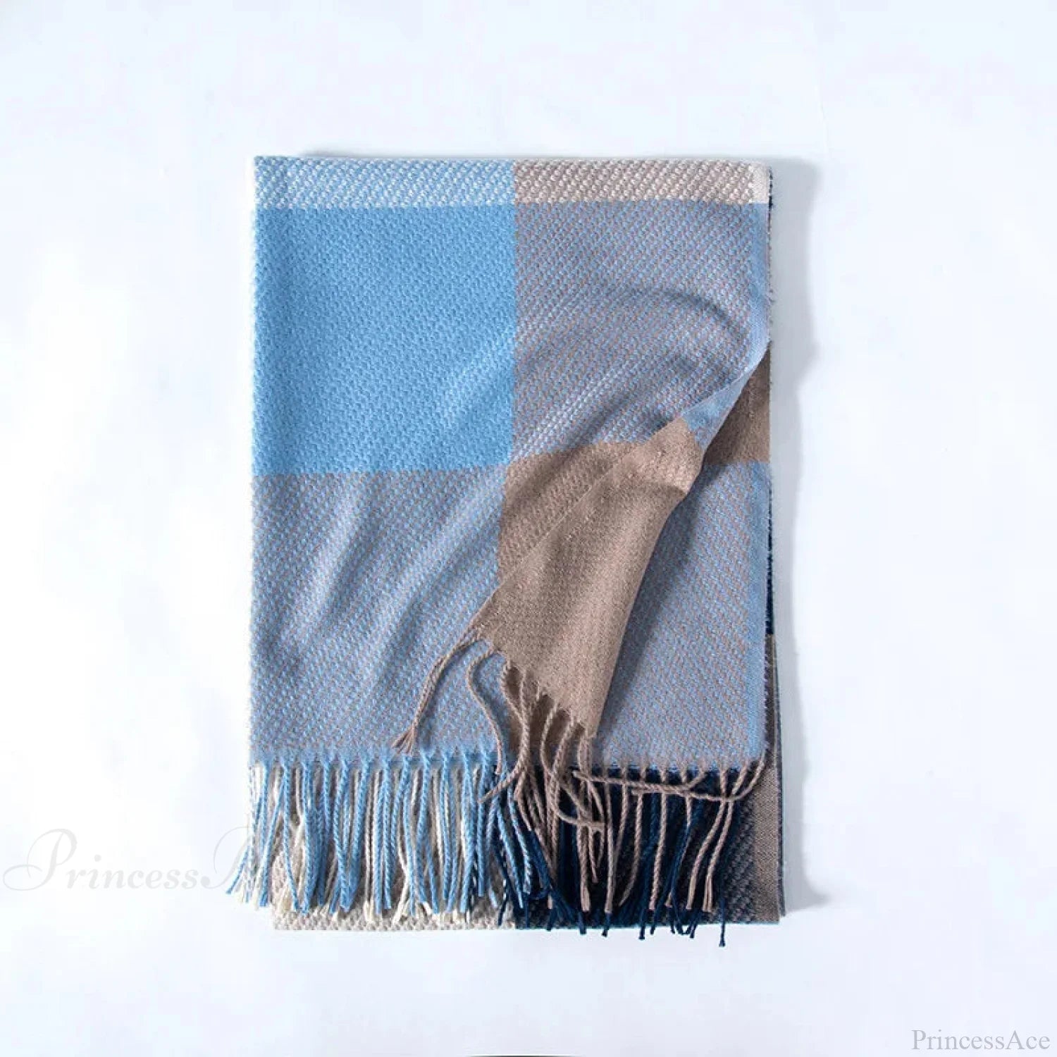 Elegant Lady Style Cashmere Tassel Luxury Scarf - Autumn Winter Striped Plaid Light Blue Scarfs-L