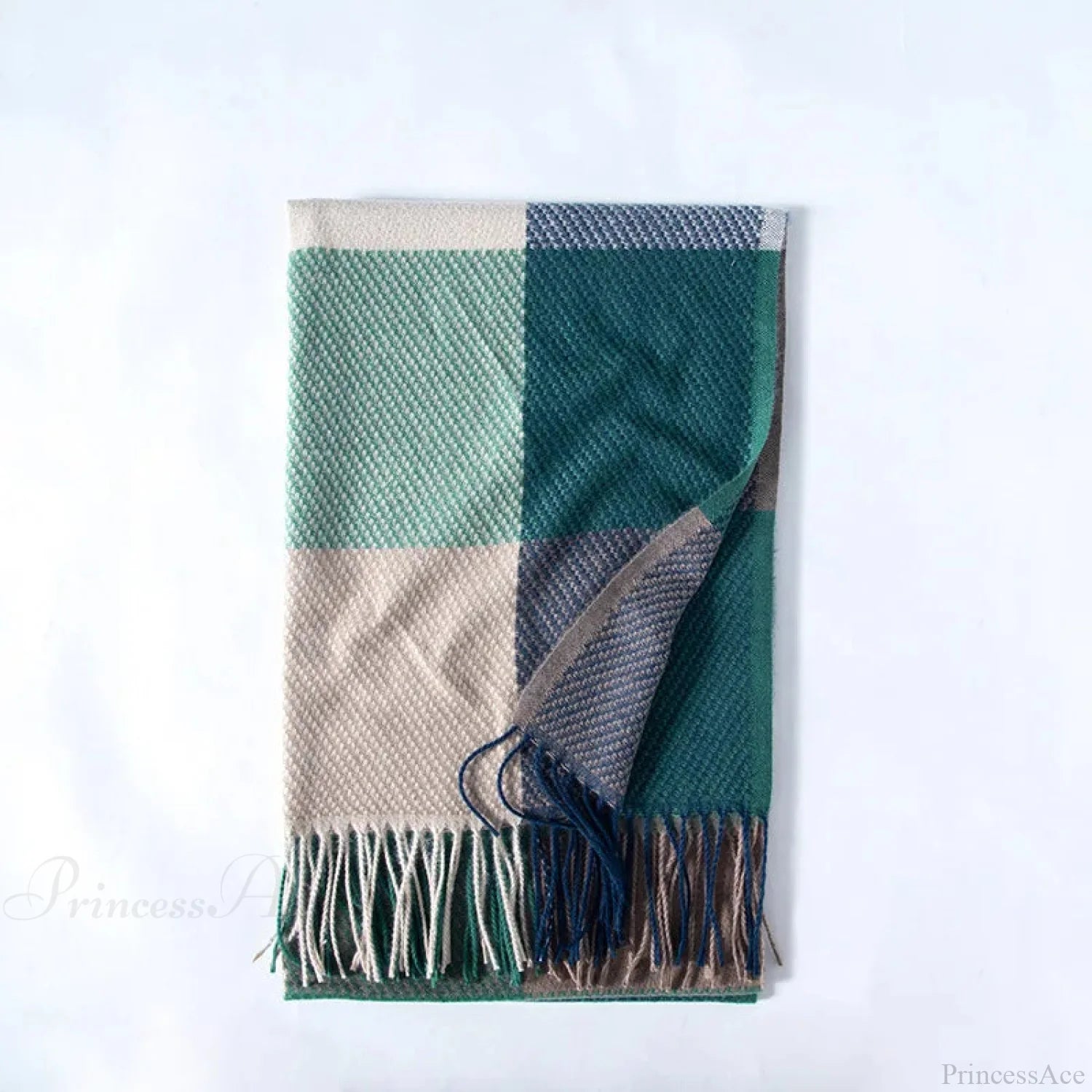 Elegant Lady Style Cashmere Tassel Luxury Scarf - Autumn Winter Striped Plaid Turquoise Scarfs-L