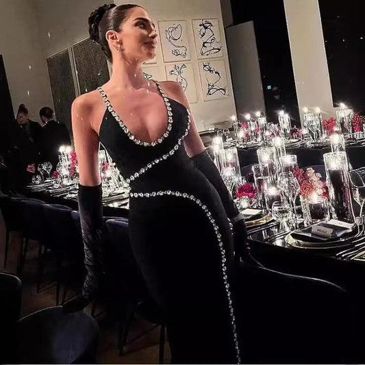 Elegant Long Sequin Mesh Halter Prom Dress black / XS promdress-250223