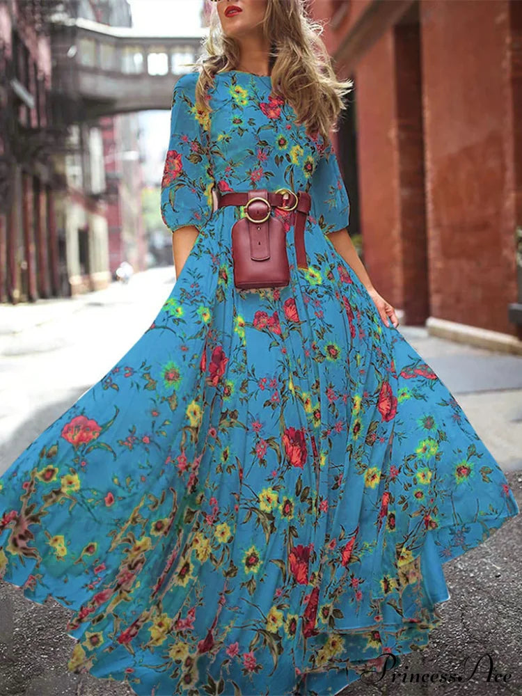 Elegant Long Sleeve Maxi Dress For Women S / Blue Blue Floral Maxi Dress