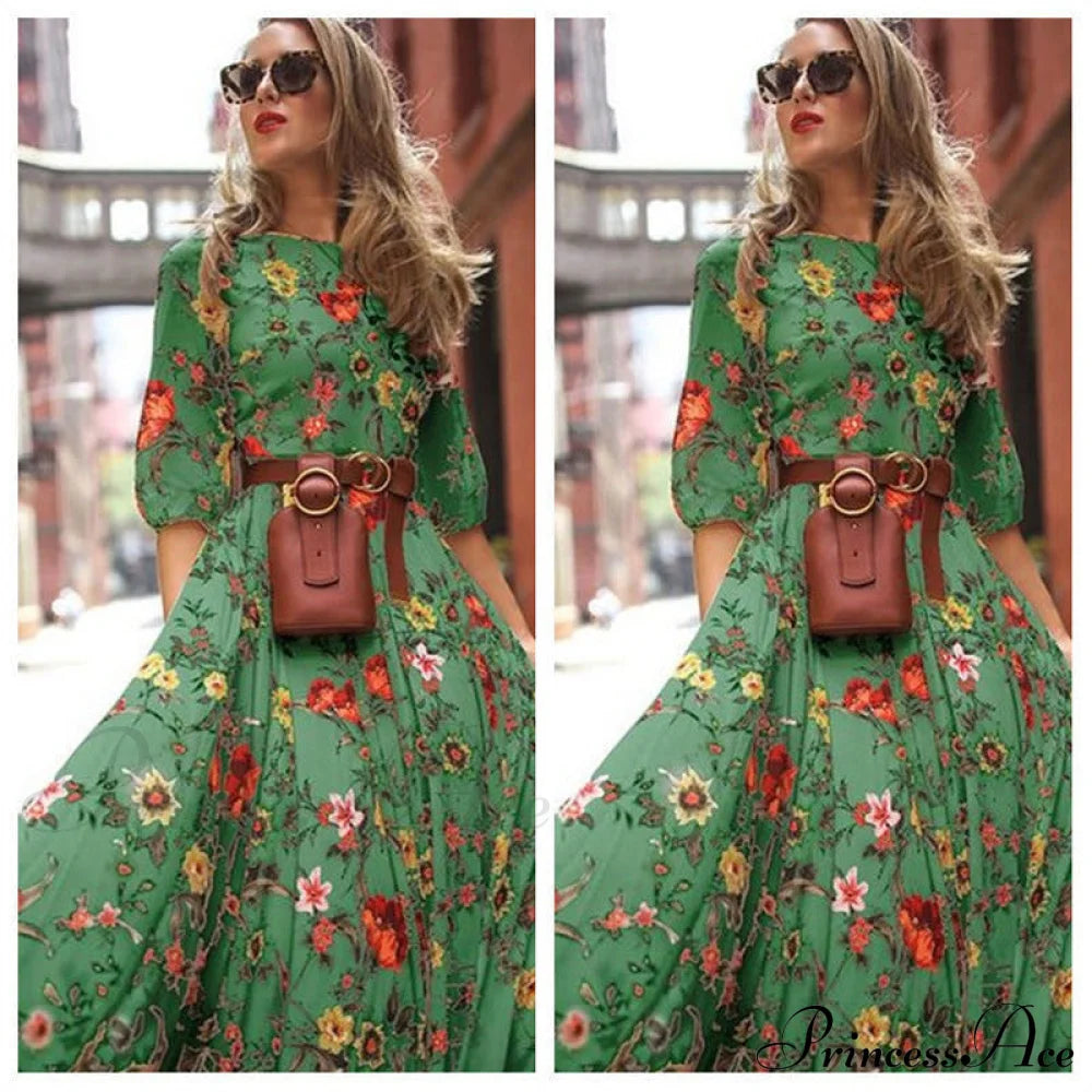 Elegant Long Sleeve Maxi Dress For Women S / Green Blue Floral Maxi Dress