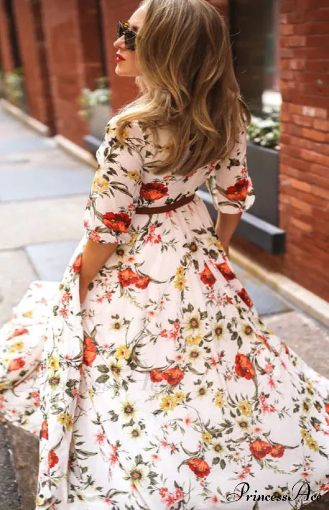 Elegant Long Sleeve Maxi Dress For Women S / White Blue Floral Maxi Dress