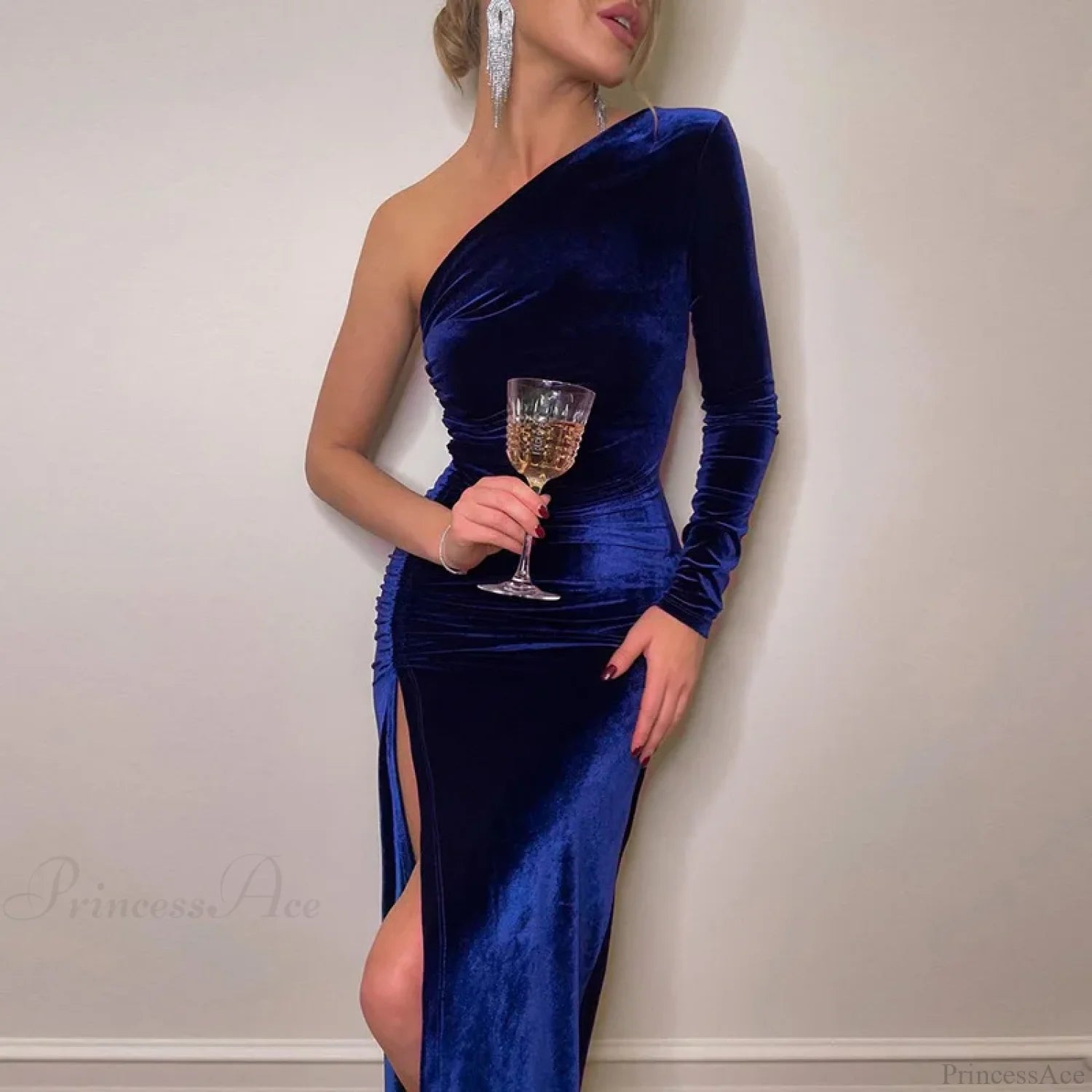 Elegant Long Sleeve Party Evening Velvet Bodycon Split Pencil Midi Christmas Dress Dresses-L