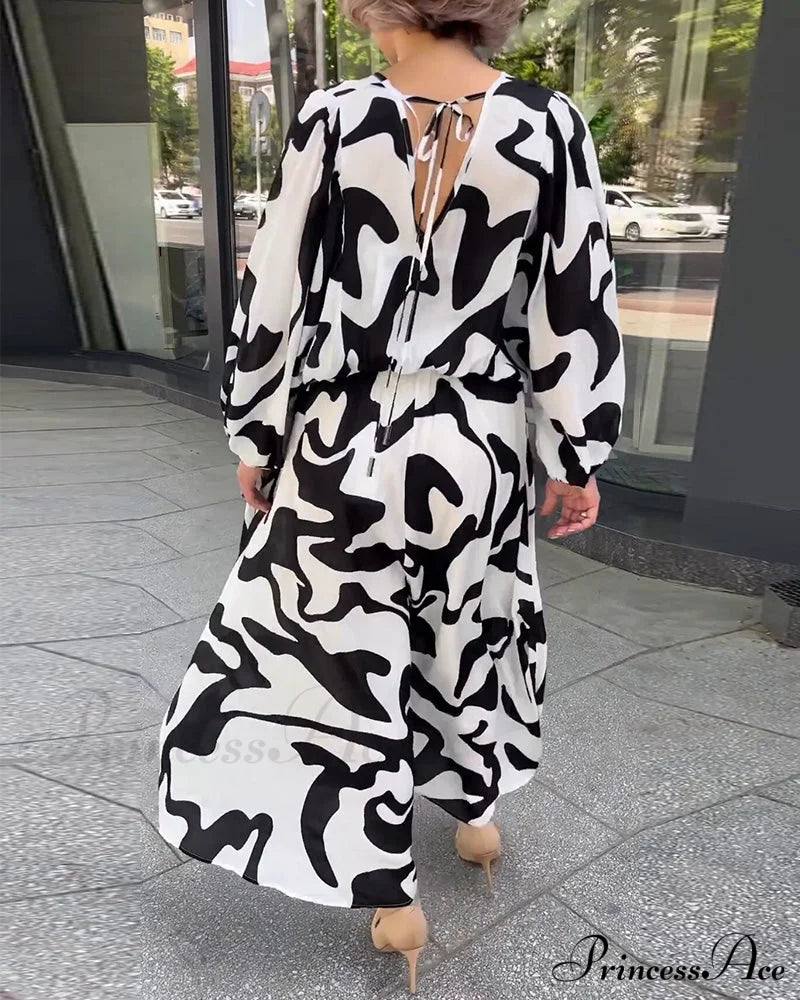 Elegant Long-Sleeved Dress With Fashion Print Casual Dresses