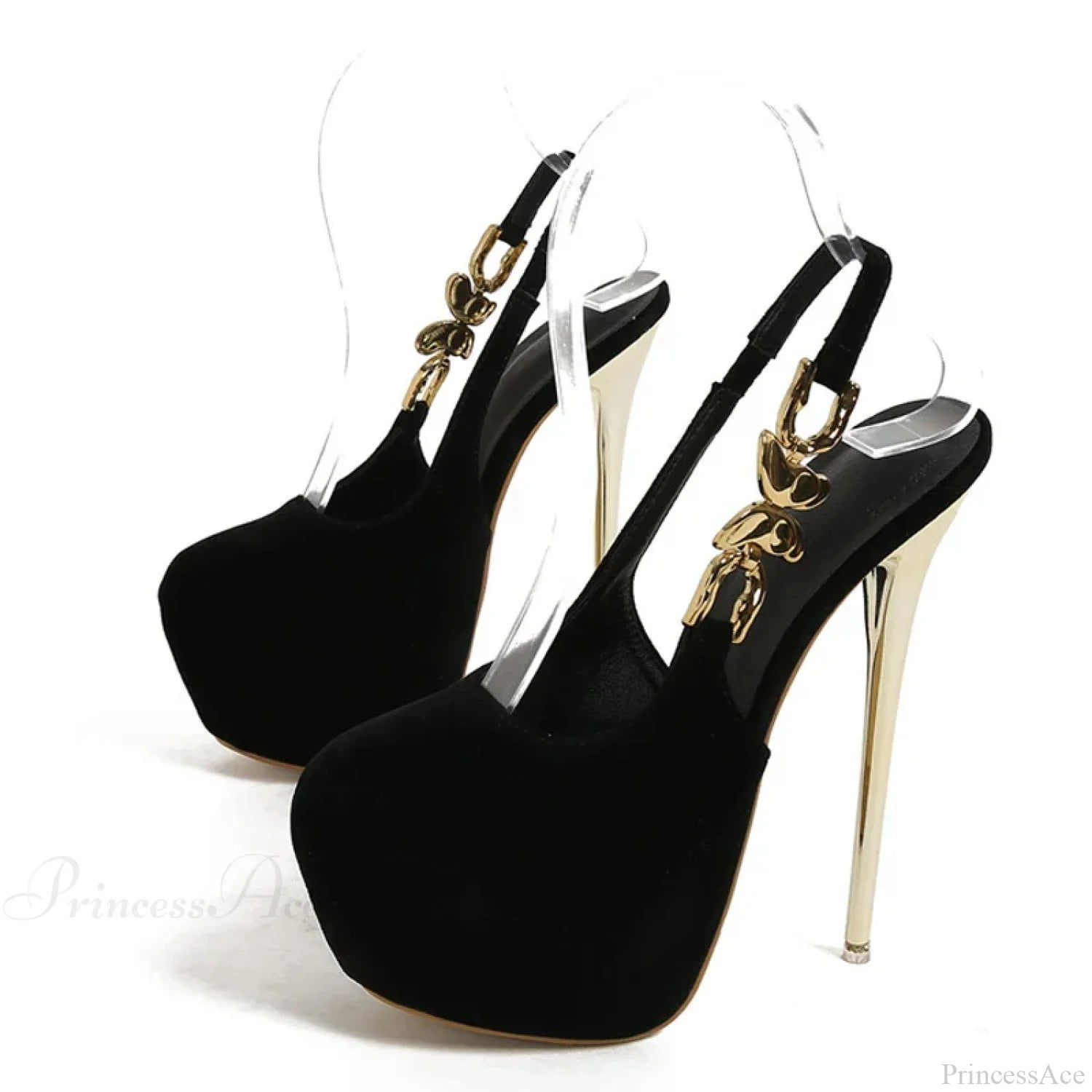 Elegant Metal Butterfly-Chain Back-Strap Extreme High Platform Prom Wedding Sexy Pumps Heel Black /