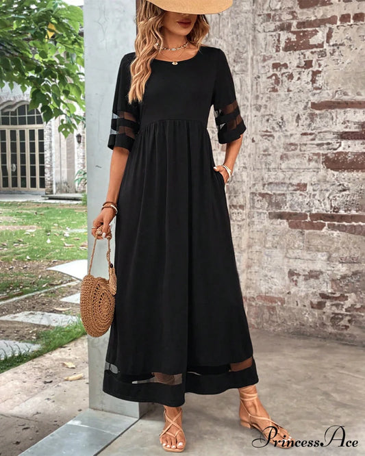 Elegant Mid-Sleeve Casual Crew Neck Dress black 23BF Casual Dresses Clothes Dresses Fall Spring Summer