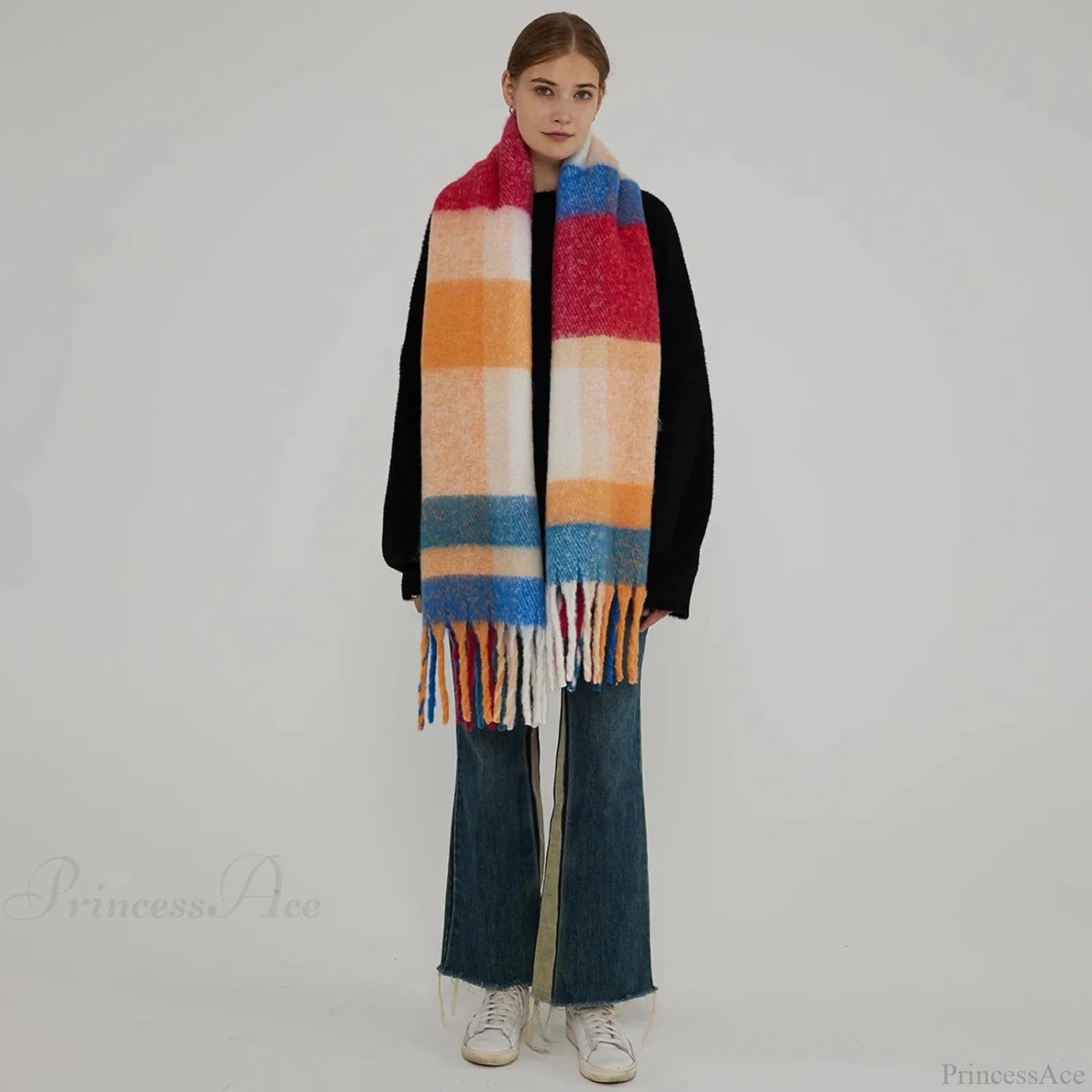 Elegant Minimalist Imitation Cashmere Scarf With Tassel Blue Red 231X42Cm Scarfs-L