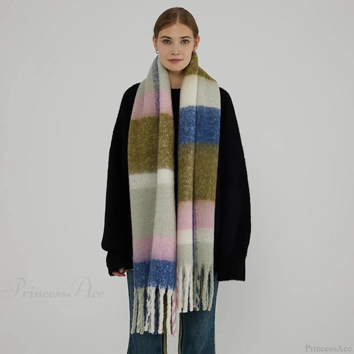 Elegant Minimalist Imitation Cashmere Scarf With Tassel Green Pink 231X42Cm Scarfs-L
