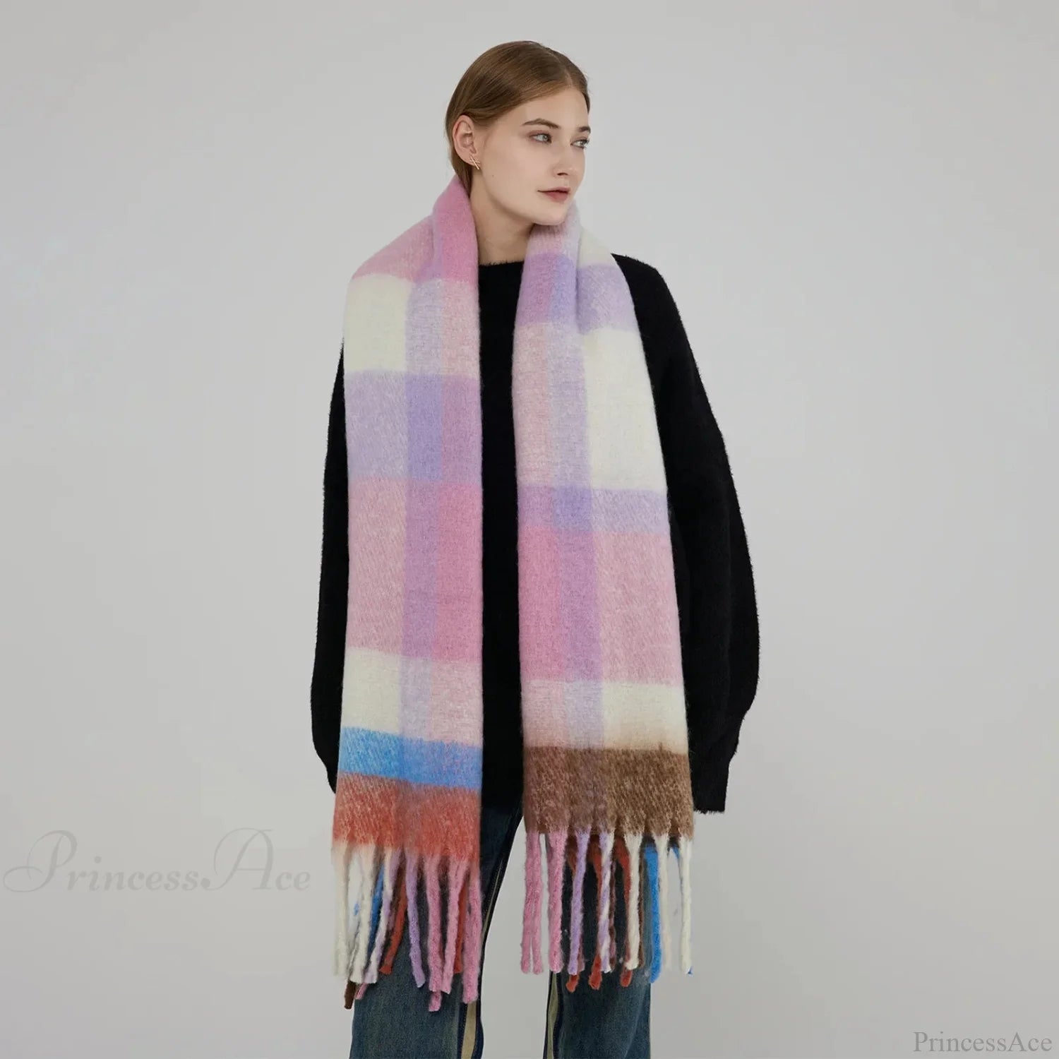 Elegant Minimalist Plaid Long Shawl Thickened Warm Scarf For Women Purple Pink / L231Cm W53Cm