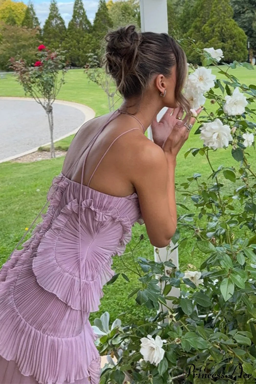 Elegant Neck Strap Ruffles Backless Floral Dress