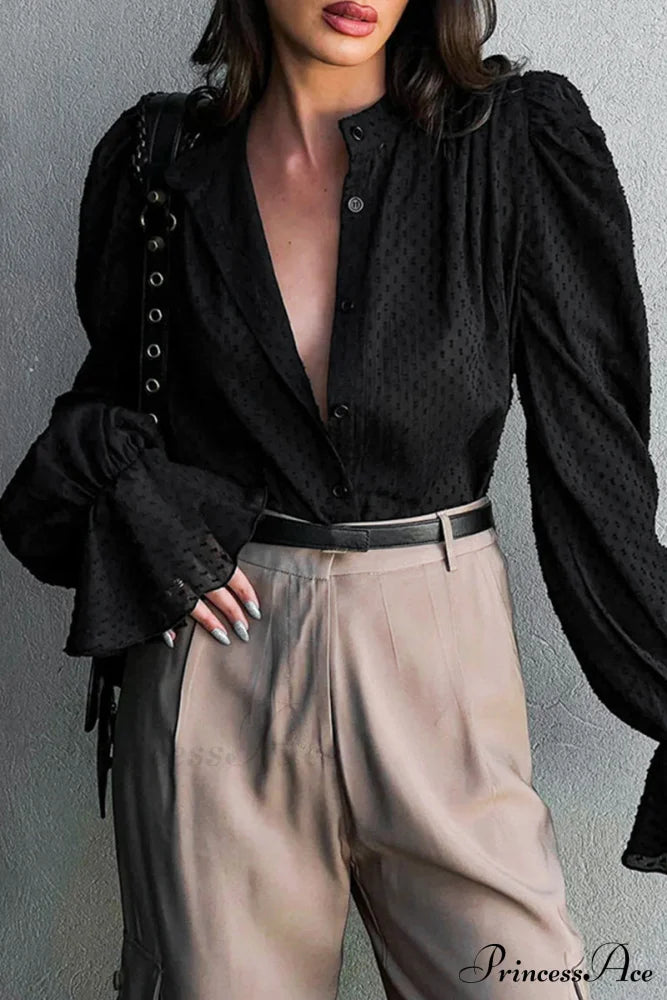 Elegant Neckline Mandarin - Flounce Blouse Solid 3 Color Options Black / S Tops/Blouses & Shirts