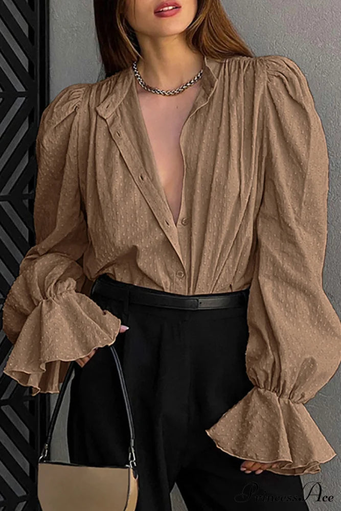 Elegant Neckline Mandarin - Flounce Blouse Solid 3 Color Options Khaki / S Tops/Blouses & Shirts