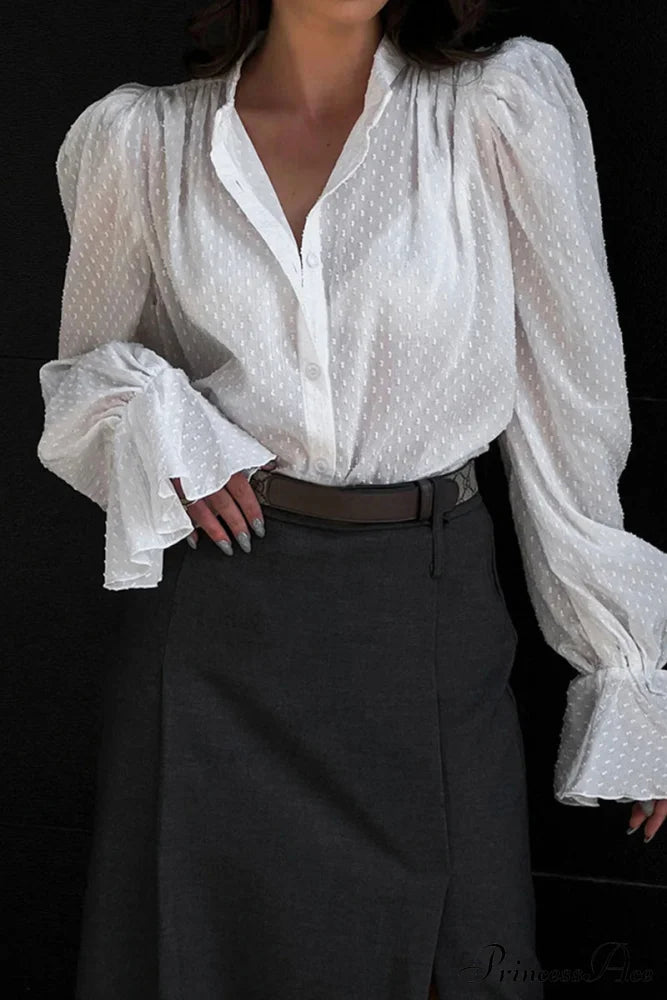 Elegant Neckline Mandarin - Flounce Blouse Solid 3 Color Options White / S Tops/Blouses & Shirts